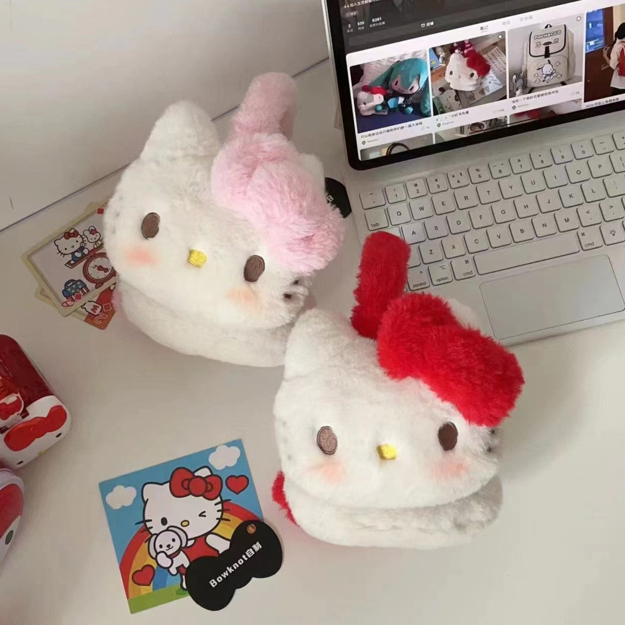 Cute Kitty Cat Red Pink White Plush Winter Earmuffs