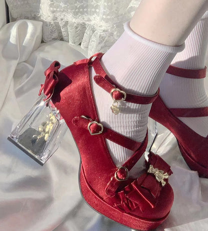 Moeka Chan Lolita Red Dream Bear Transparent Glass High Heels Shoes