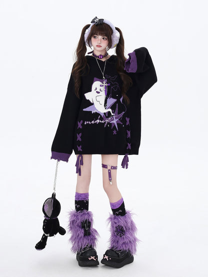 Crazy Girl Halloween Little Ghost Purple Black Knit Sweater