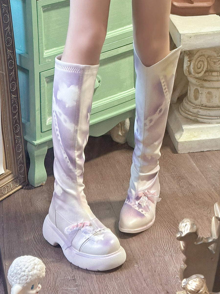 Pinky Sweet Pink Bow Lace Graffiti White Purple Knight High Boots Shoes