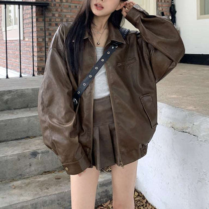 Chic Trendy Winter Brown Black Leather Jacket Skirt Two Piece Set