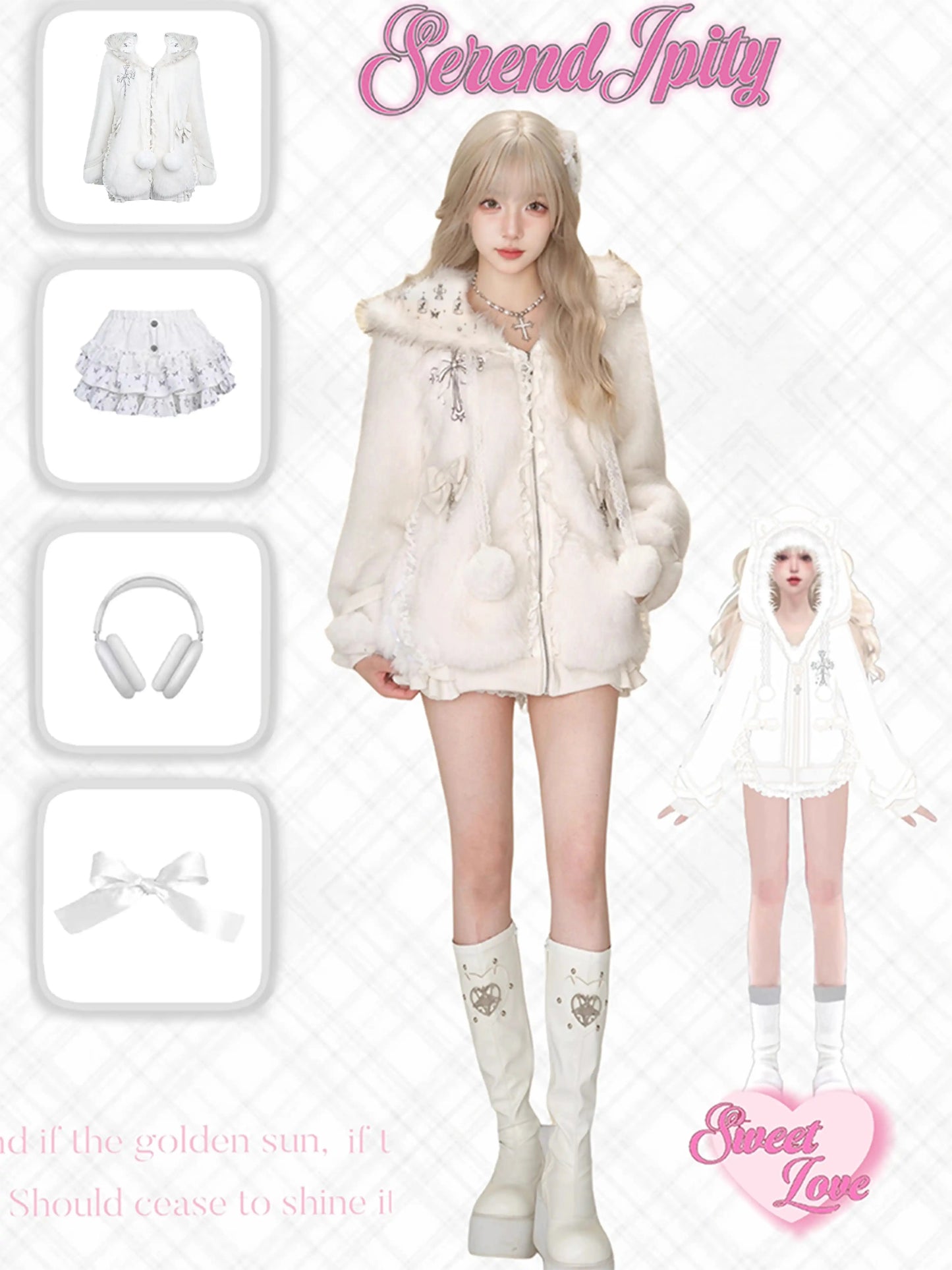 Serendipity Snow Melt Winter White Cat Ears Hoodie & Skirt Two Piece Set