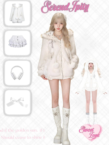 Serendipity Snow Melt Winter White Cat Ears Hoodie & Skirt Two Piece Set