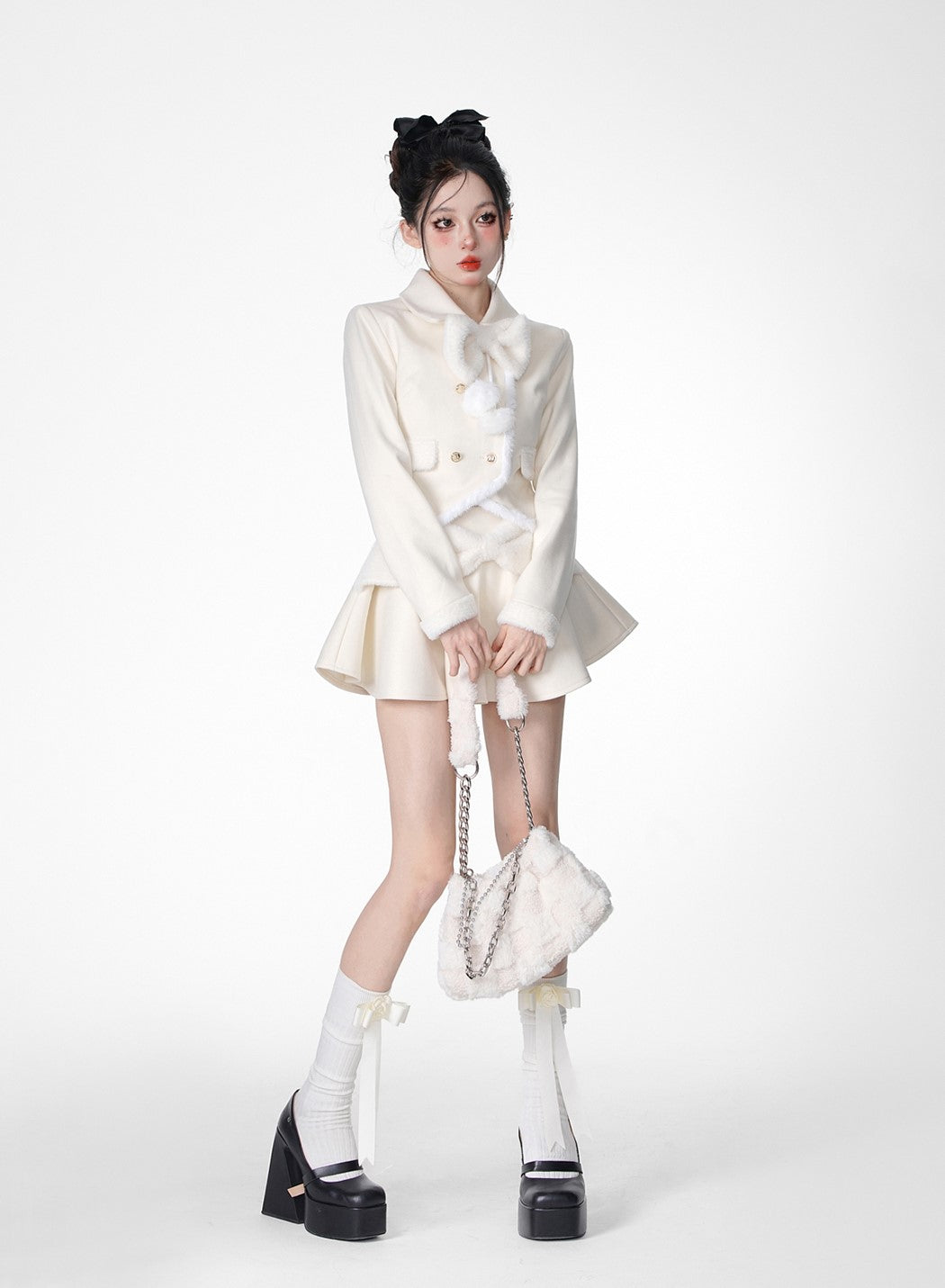 Young Eyes Snow Princess Beige Bow Jacket & Skirt Two Piece Set