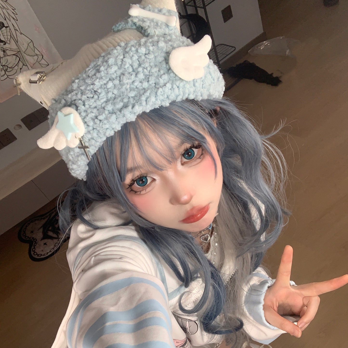 Y2K Star Cross Angel Wings White Cat Ear Knit Soft Pastel Blue Beanie