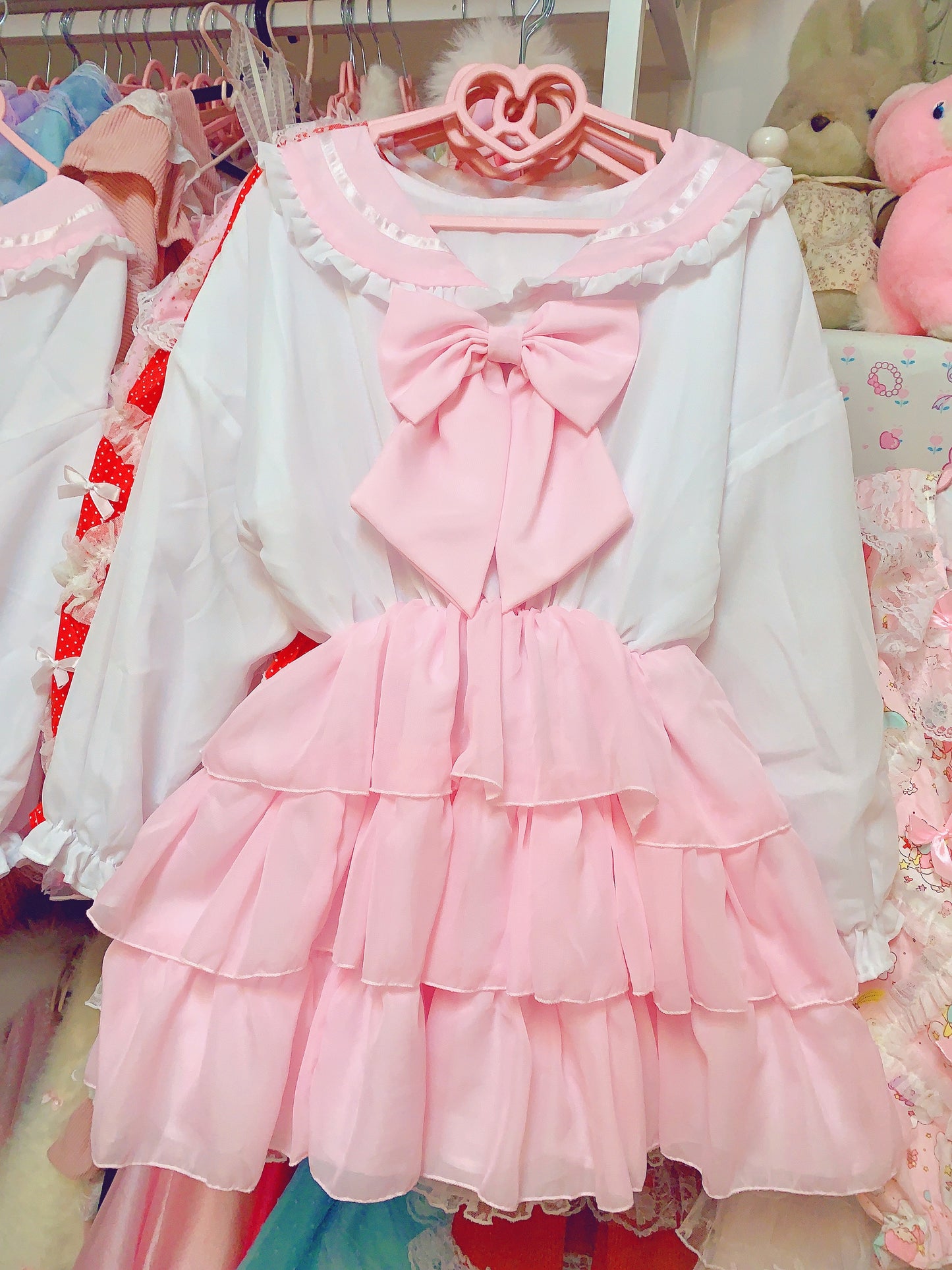 Candy Fairy Cosplay Sailor Collar Bow Sweet Ruffled Pink White Dress