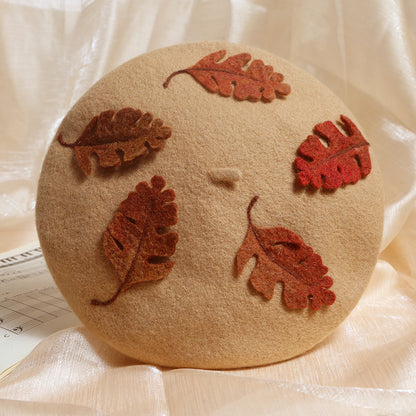 Cute Handmade Classic Khaki Autumn Leaves Fall Girl Wool Beret Hat