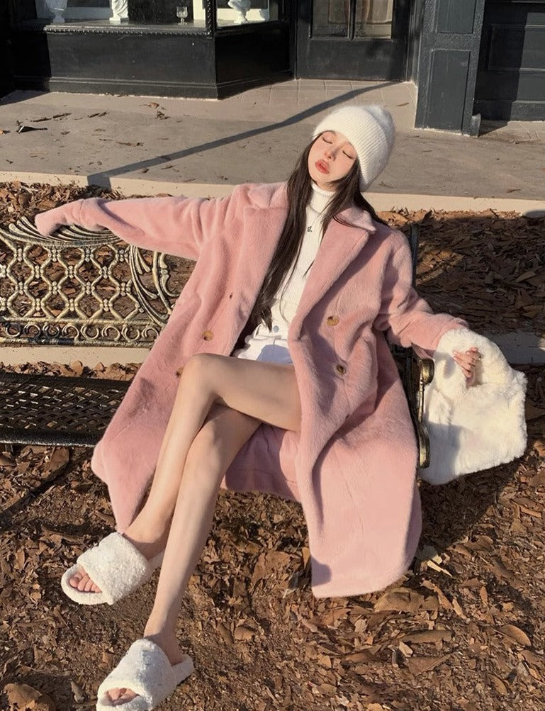 Pink Winter Velvet Mid-length Long Woolen Coat