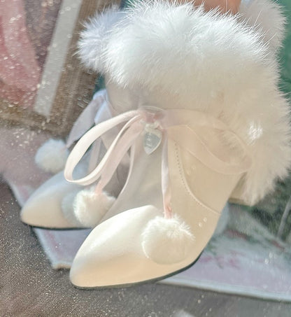 Pinky Sweet Princess Fur Plush Pompom Balls White Short Pointed Toe Boots Shoes