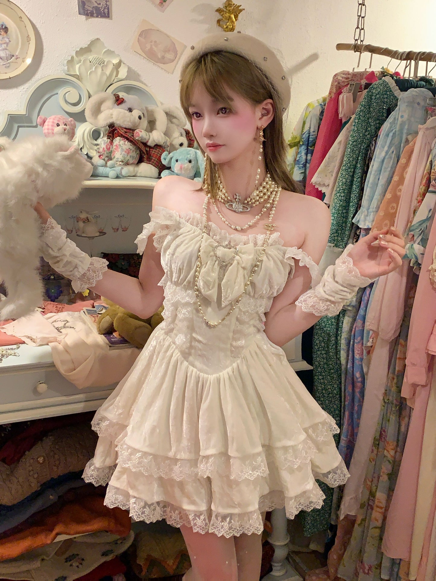 Picnic Girl Vanilla Latte Sweet Balletcore White Lace Strap Dress