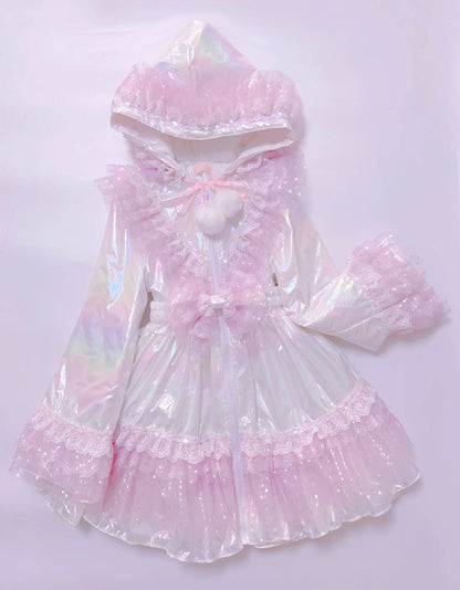 Candy Fairy Winter Sparkling Princess Rainbow Pink Ruffled Hooded Jacket Dress