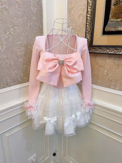 Sweetheart Princess Halter Neck Bow Pink White Black Knit Sweater Top