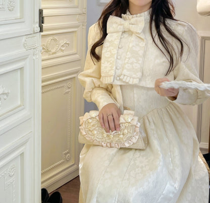 Ruellia Winter Socialite Lady Floral Print White Bow Dress & Bow Jacket Cardigan Two Piece Set