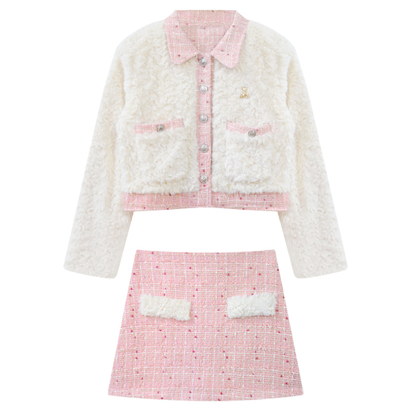 Lazy Girl Winter Elegant Lady Chic Plush White Jacket & Pink Tweed Skirt Two Piece Set