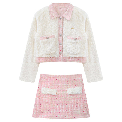 Lazy Girl Winter Elegant Lady Chic Plush White Jacket & Pink Tweed Skirt Two Piece Set