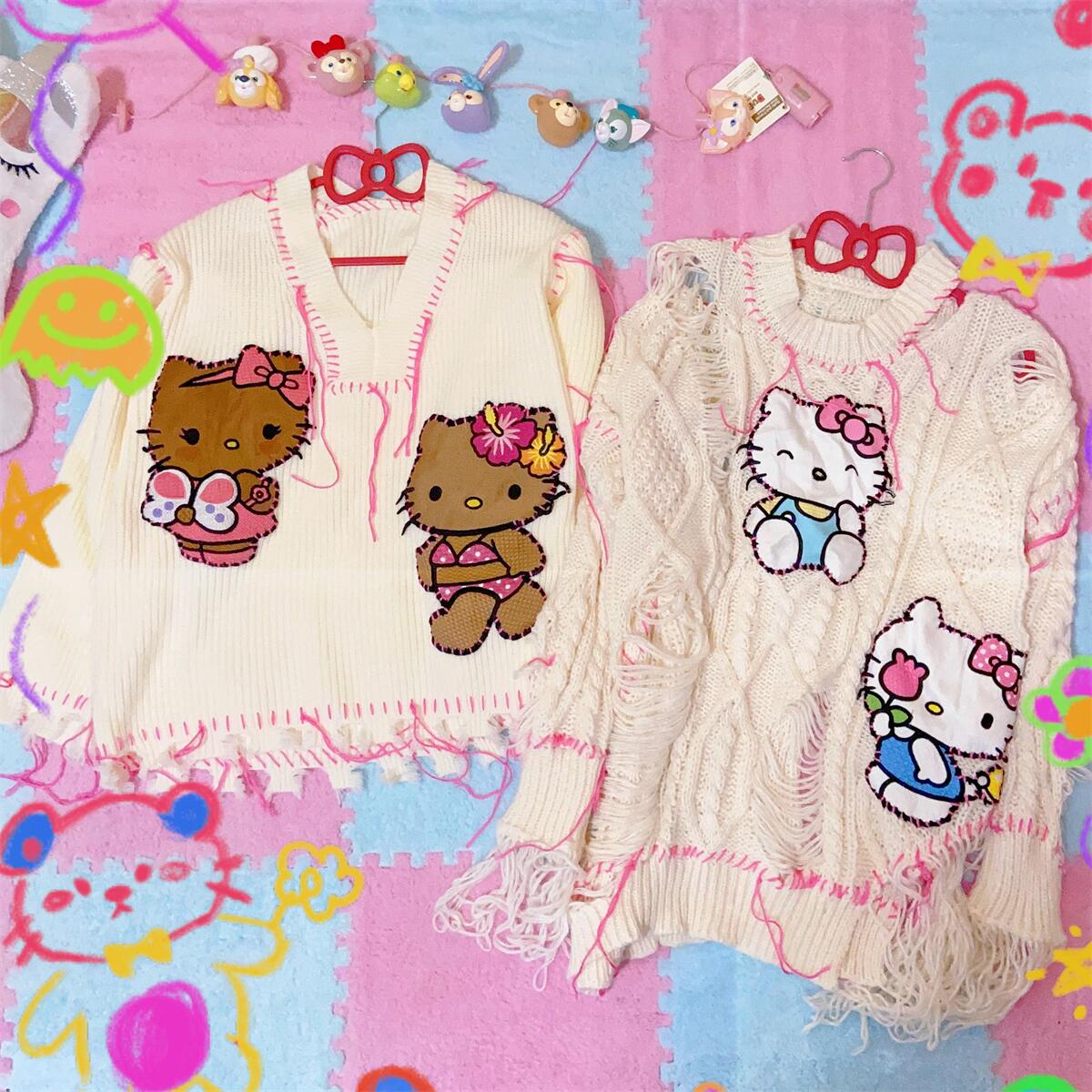 Cartoon White Black Brown Skin Kitty Y2K Ripped Sweater