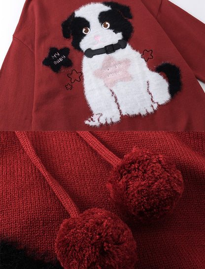 Cute Dog Puppy Pompom Autumn Knit Brown Red Sweater Hoodie