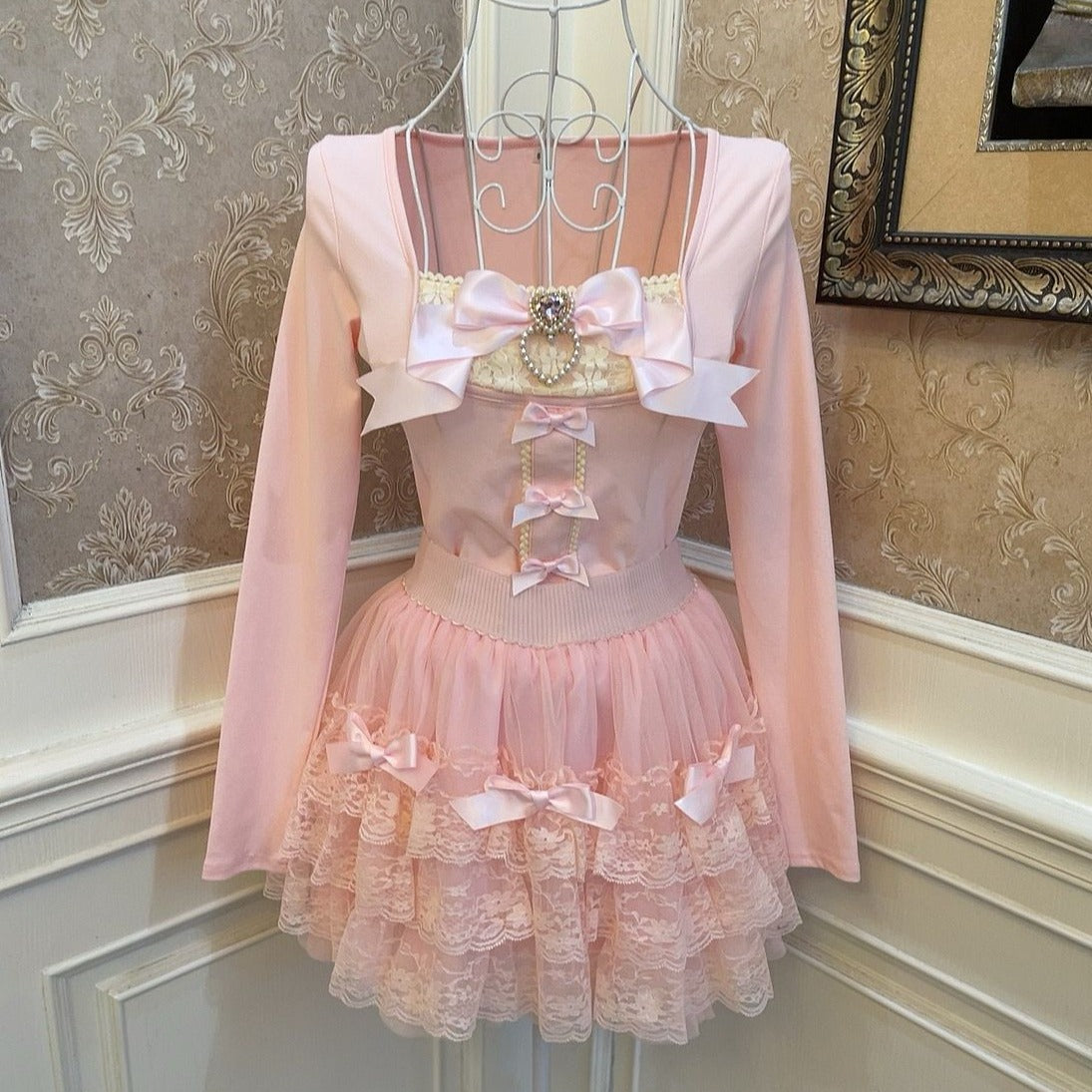 Sweetheart Princess Balletcore Pink Bow Lace Shirt Top & Skirt Two Piece Set