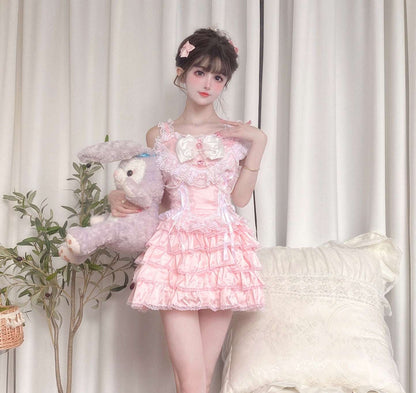 Candy Fairy Little Princess Cute Pink Lace Camisole Top & Cake Ruffled Skirt Two Piece Set