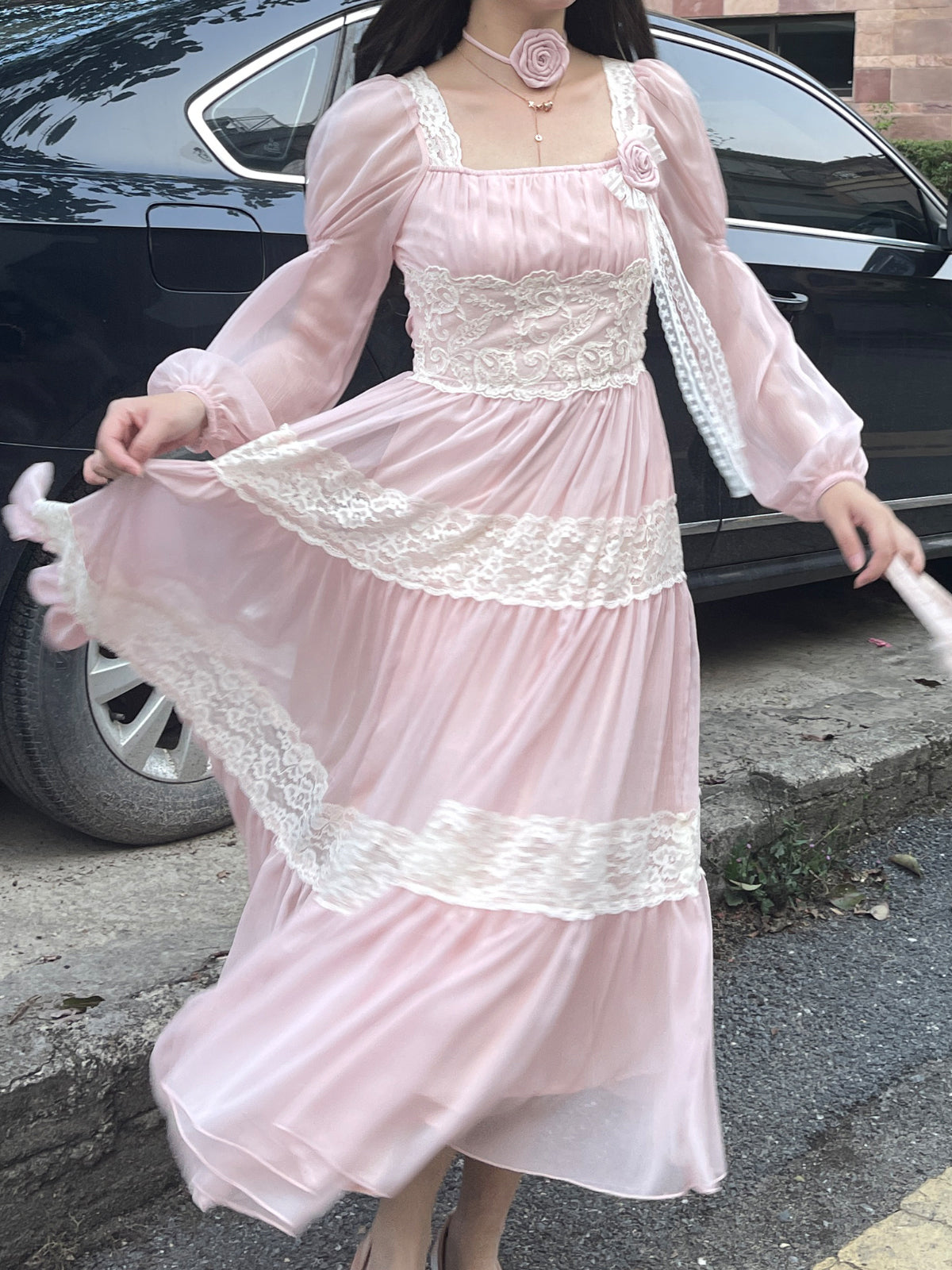 Ruellia Rose Fairy Pink Square Collar Long Sleeve Long Dress