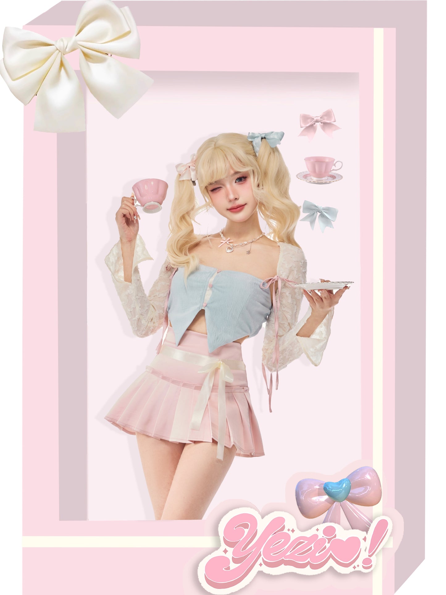 Serendipity Coquette Ribbon Lace White Cardigan & Blue Camisole & Pink Pleated Mini Skirt Three Piece Set