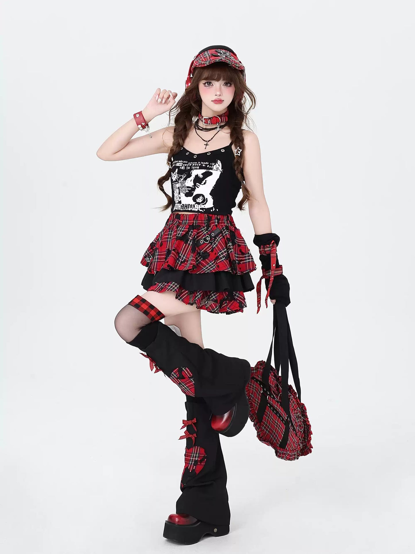 Crazy Girl Sister of Destruction Red Tartan Short Skirt