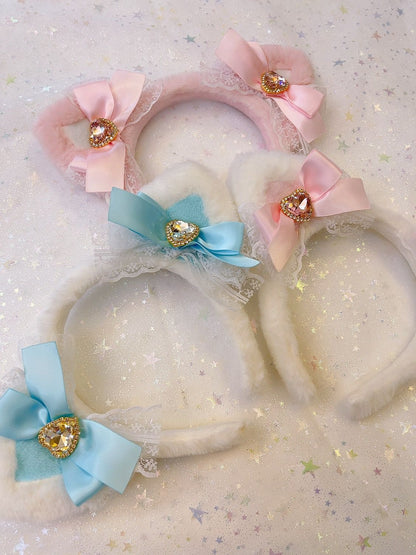 Sweetheart Princess Plush Cat Ears Diamond Heart Winter Hairband Headband