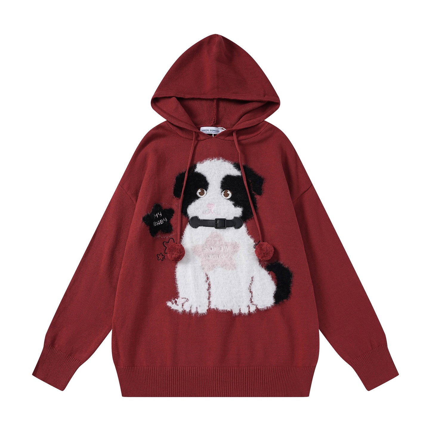 Cute Dog Puppy Pompom Autumn Knit Brown Red Sweater Hoodie