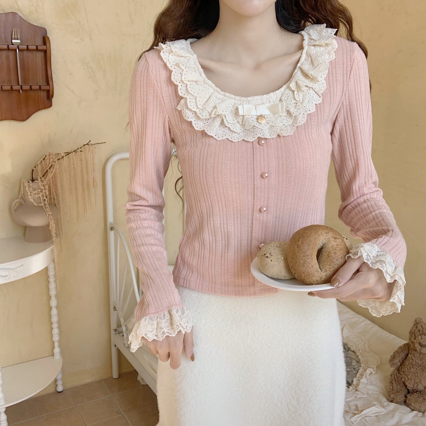 Sweet Pink Blue Cream Coquette Lace Slim Fit Shirt Blouse Top