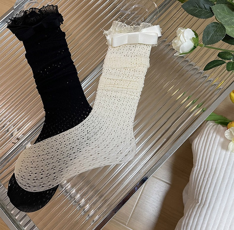 Organza Lace Black White Bow Over The Knee Socks