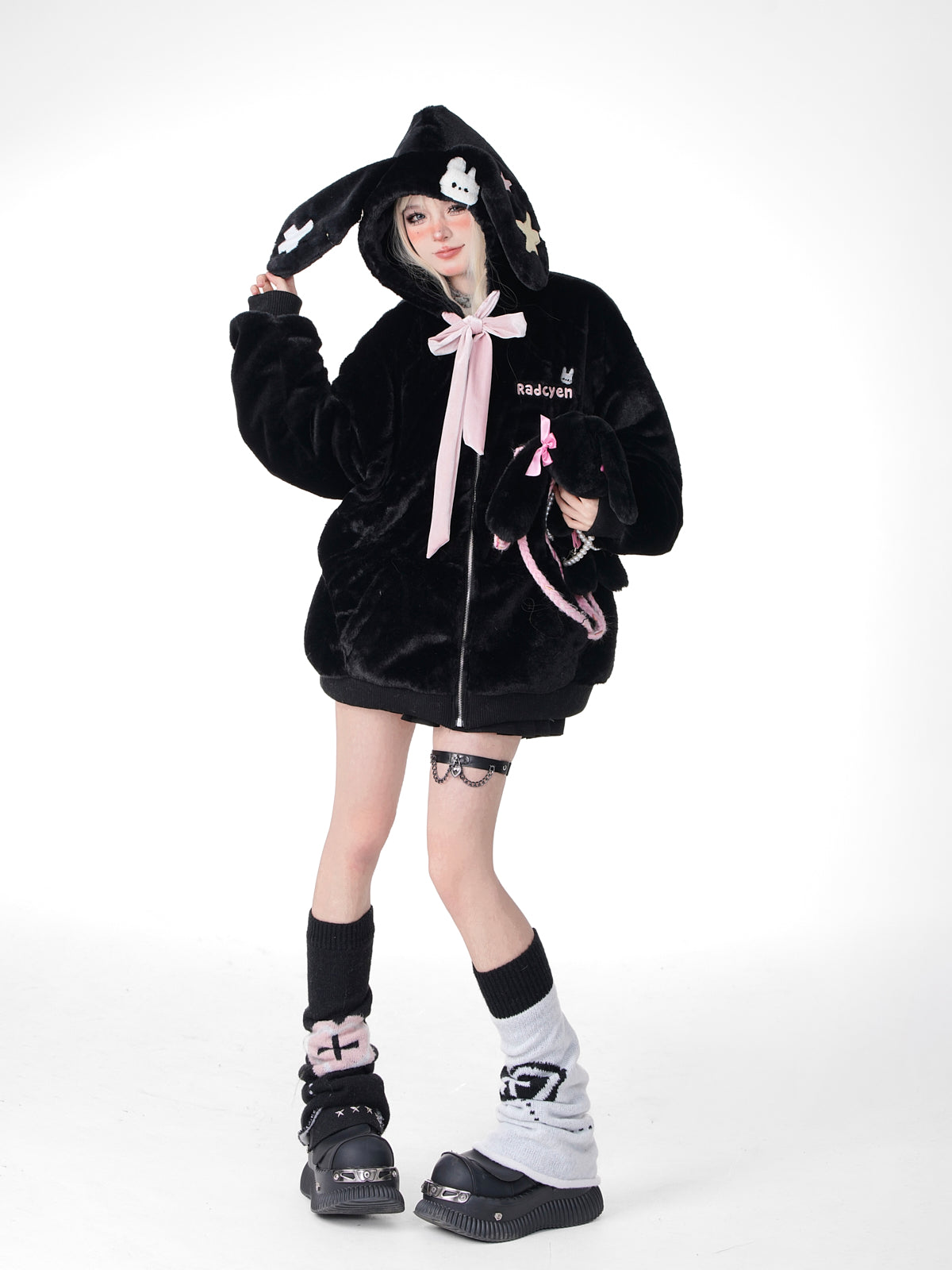 Young Eyes Black Gray Rabbit Ears Plush Autumn Winter Hoodie Jacket