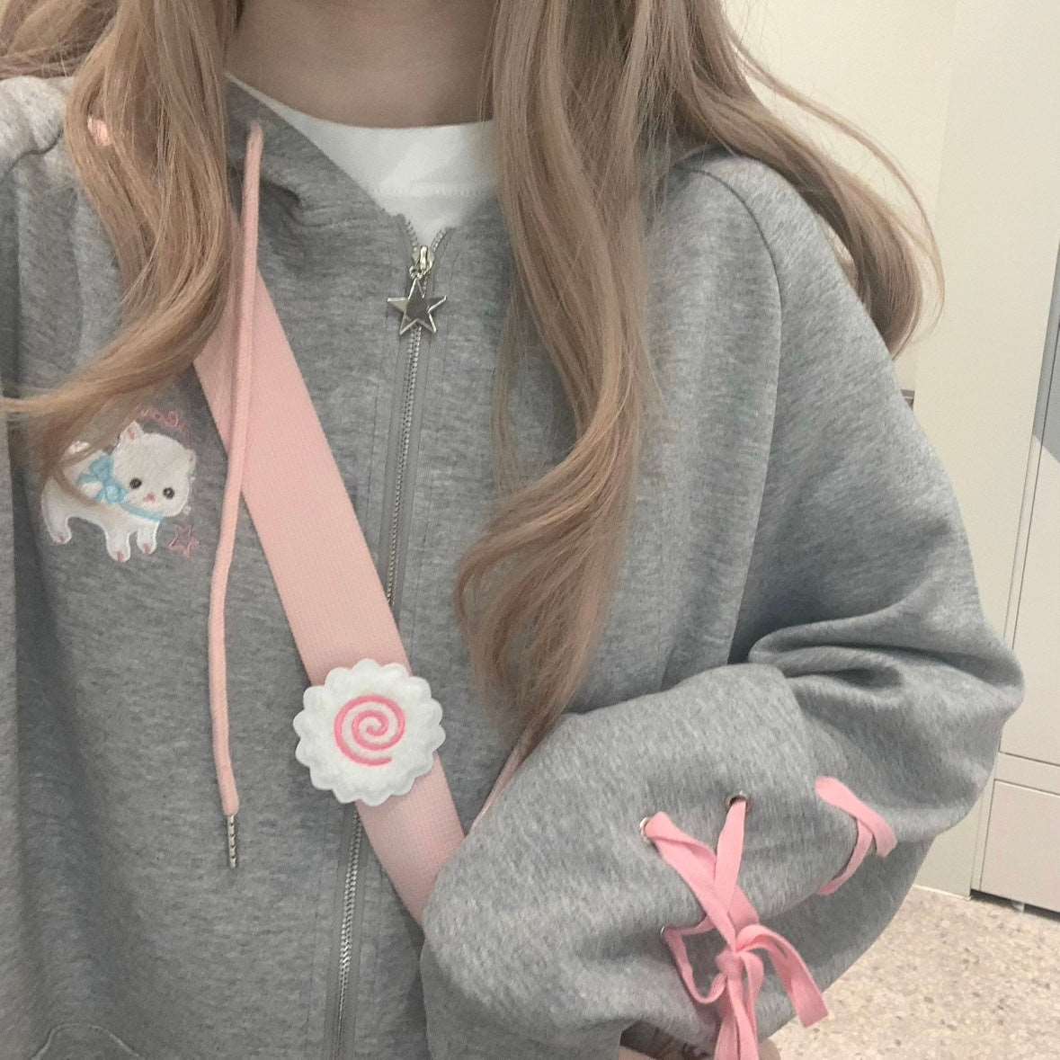 Cute Gray Cat Ears Y2K Coquette Ribbon Hoodie Jacket