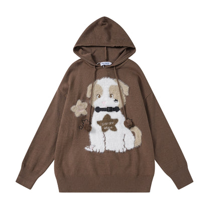 Cute Dog Puppy Pompom Autumn Knit Brown Red Sweater Hoodie