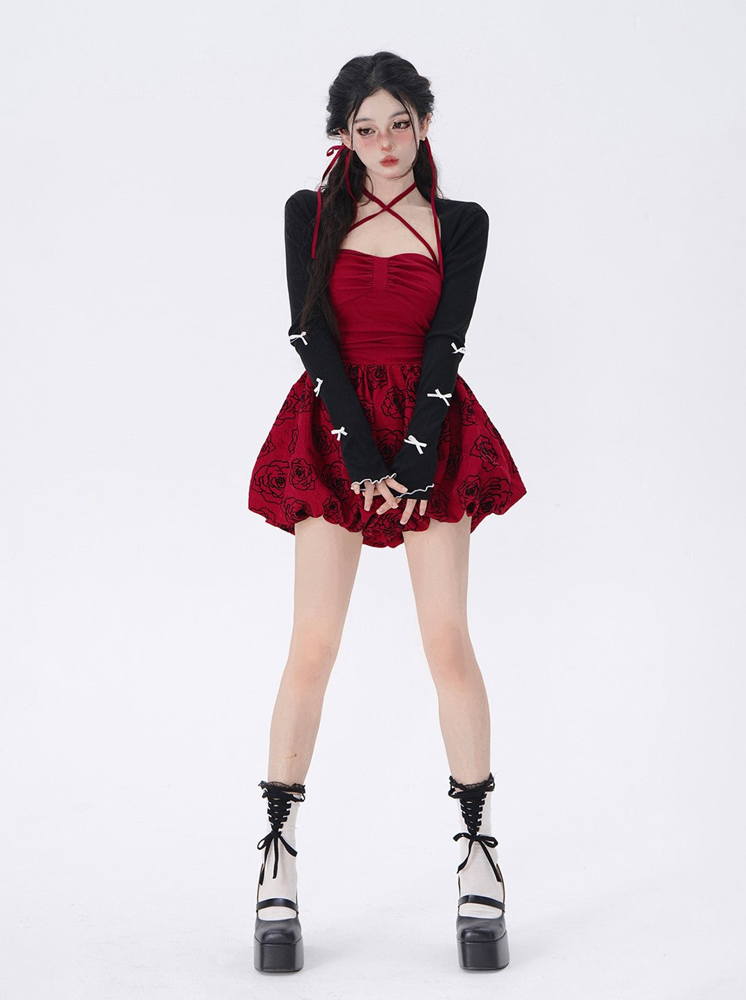 Young Eyes Crimson Red Rose Dress & Balletcore Black Bow Jacket Two Piece Set