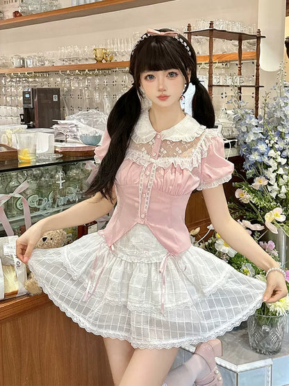 Serendipity Blossom Snow Pink Blouse Top & White Skirt Two Piece Set