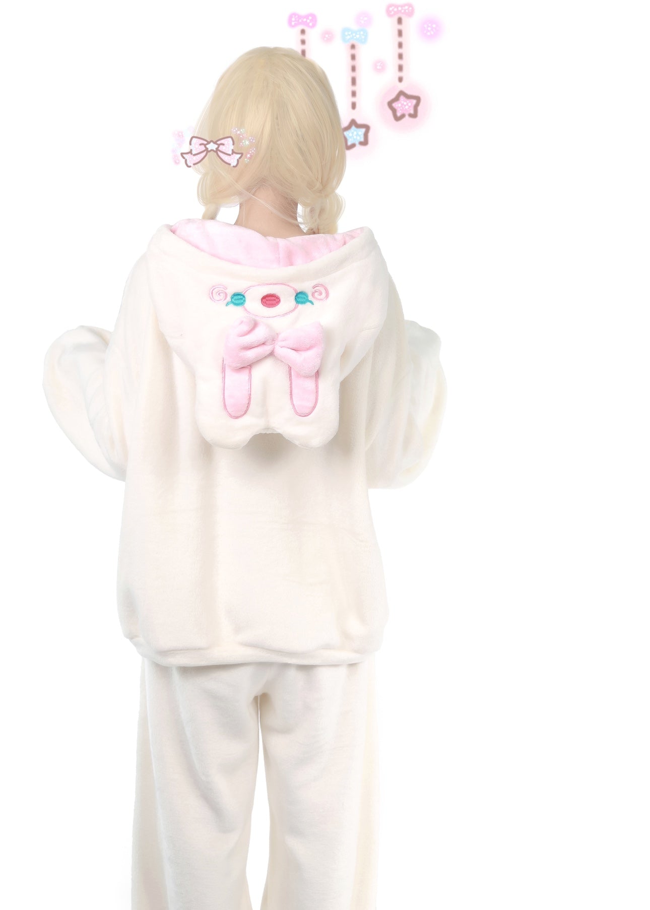 Maiden Park Rabbit Ears White Brown Coral Fleece Winter Pajamas Hooded Tops & Pants Two Piece