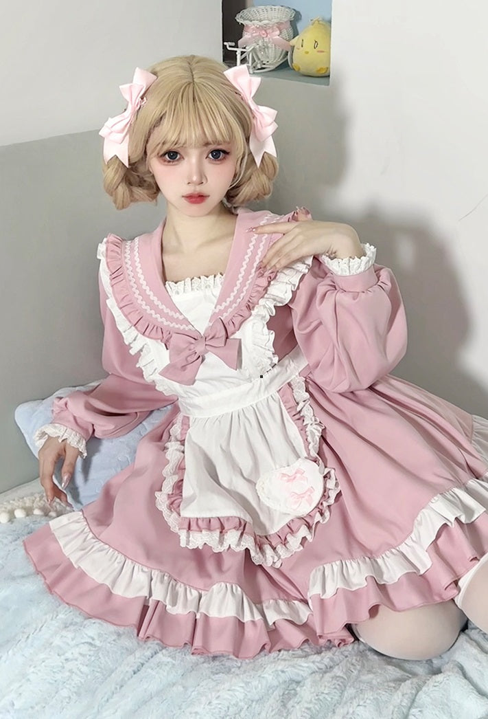 Serendipity Lolita Cosplay Blue & Pink Lace Ruffled Apron Maid Dress