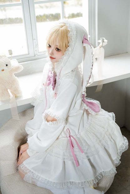 Universal Lolita Daydream Sweet Pink White Rabbit Ear Lolita Hooded Coat Dress