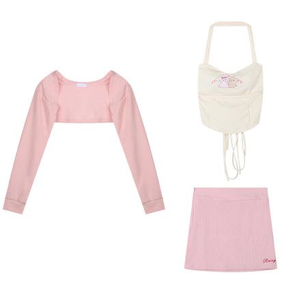 Serendipity Sweet Cream Rabbit Bear Camisole & Little Pink Jacket & Pink Mini Skirt Three Piece Set