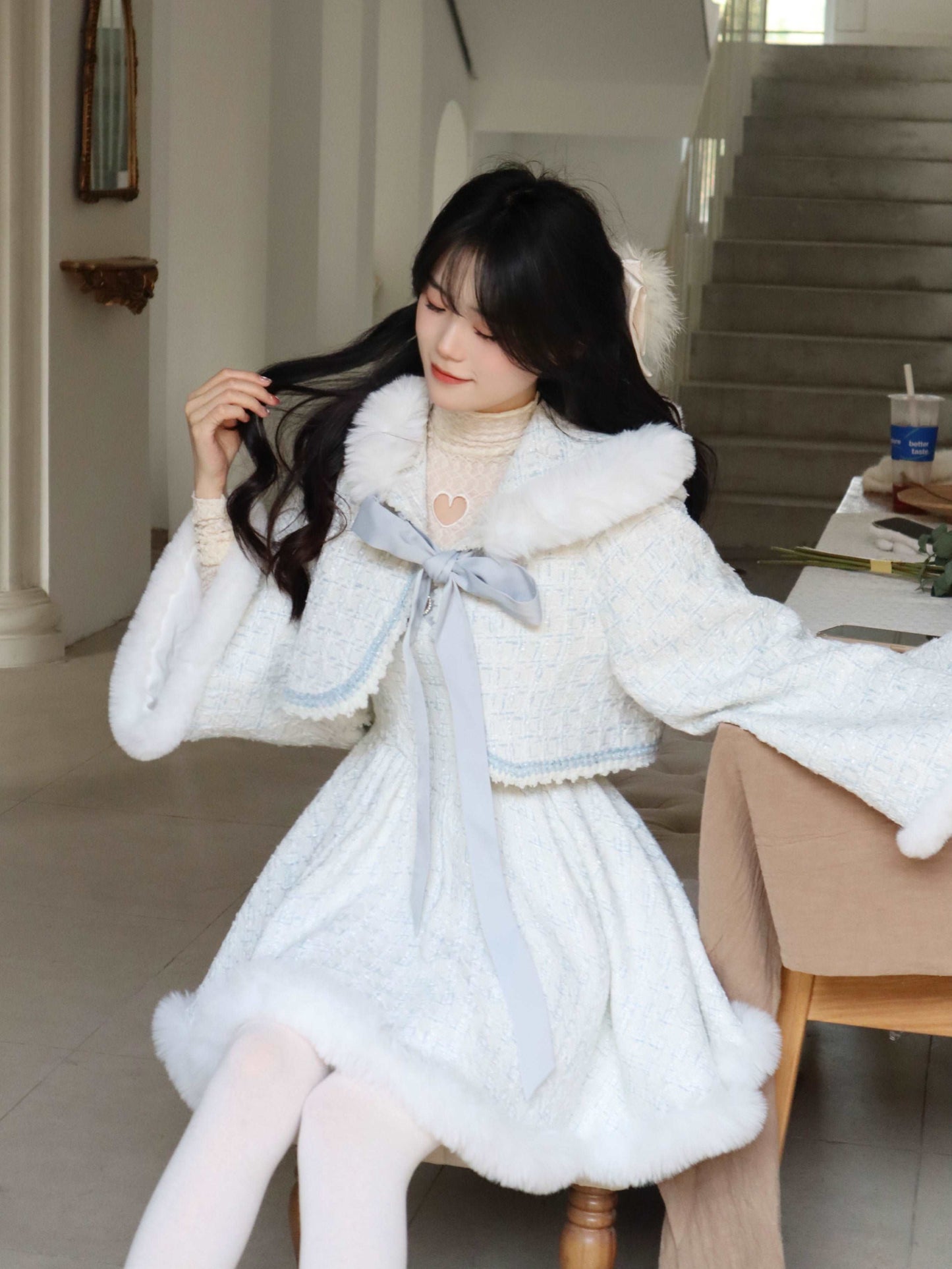 Blue Angel Winter Plush Strap White Dress & Little Hooded Fur Jacket Cape Two Piece Set