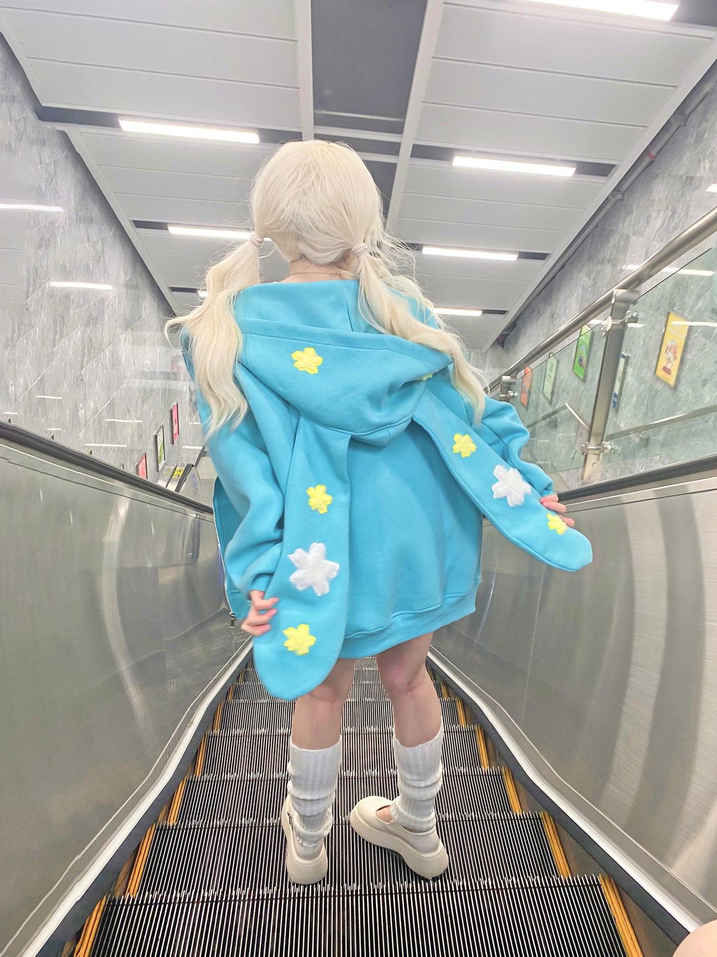 Serendipity Y2K Rabbit Ears Flower Embroidery Hooded Pink Blue Sweatshirt Jacket