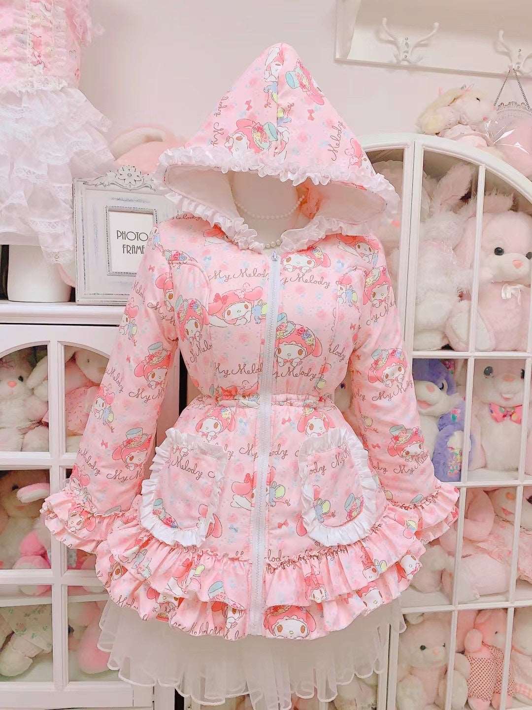 Candy Fairy Sweet Melody Pink Princess Lace Hooded Winter Padded Puffer Jacket Coat Dress