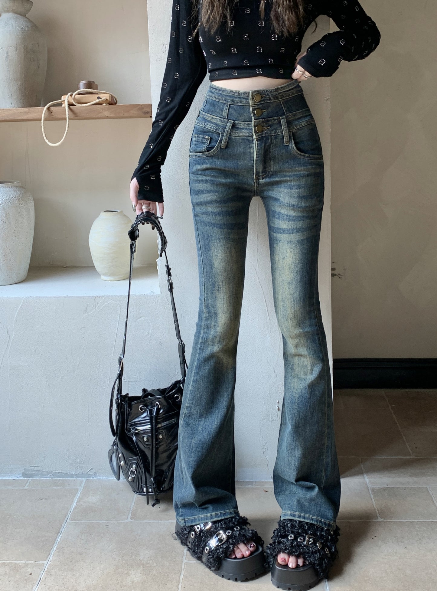 Retro Style Striped Wash Pants Denim Micro Flair Jeans