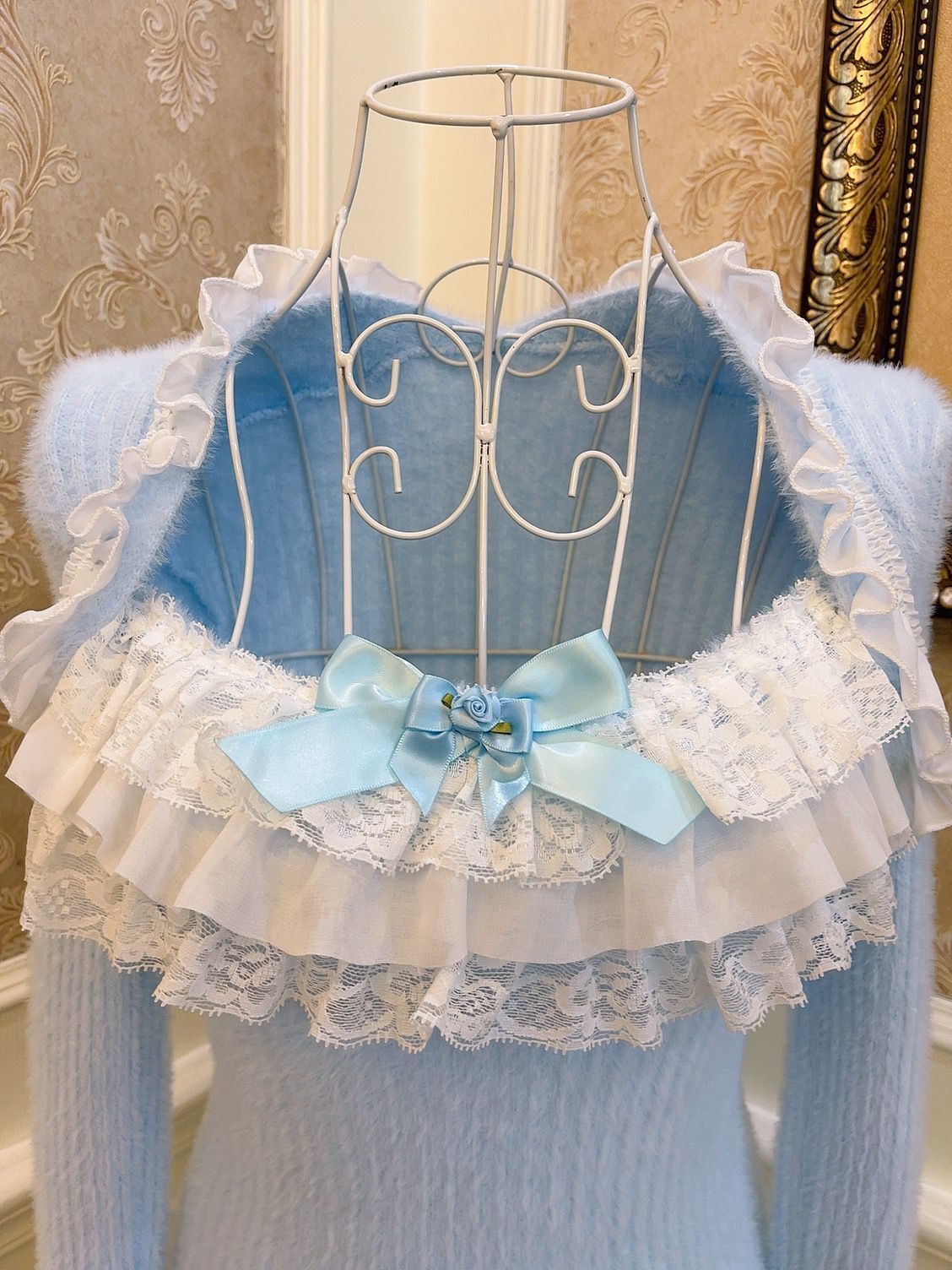 Sweetheart Princess Winter Elegant Lace Rose Bow Fuzzy Knit Pink & Blue Sweater Top