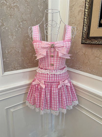 Sweetheart Princess Bow Pink Houndstooth Camisole Tank Top