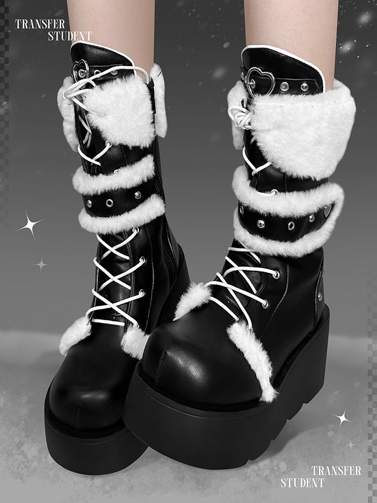 Transfer Student Snow Velvet Pastoral Pink Black White Tall Boots Shoes