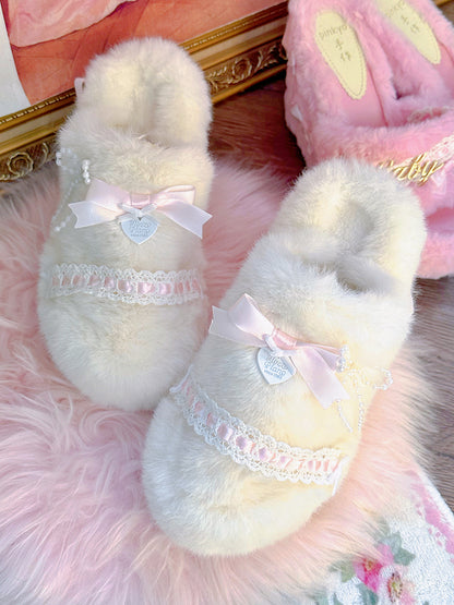 Pinky Coquette Pink Bow Lace Velvet Snow Winter Cute Slippers Shoes