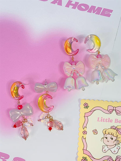 Jelly Crescent Moon Bow Cute Sweet Earrings