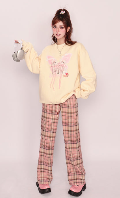 Bubblegum Autumn Cute Cat Kitten Pink Bow Yellow Sweatshirt