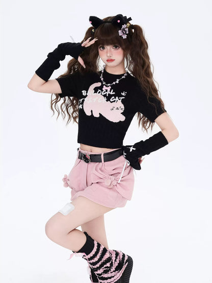 Crazy Girl Cartoony Cat Black White Knit Top